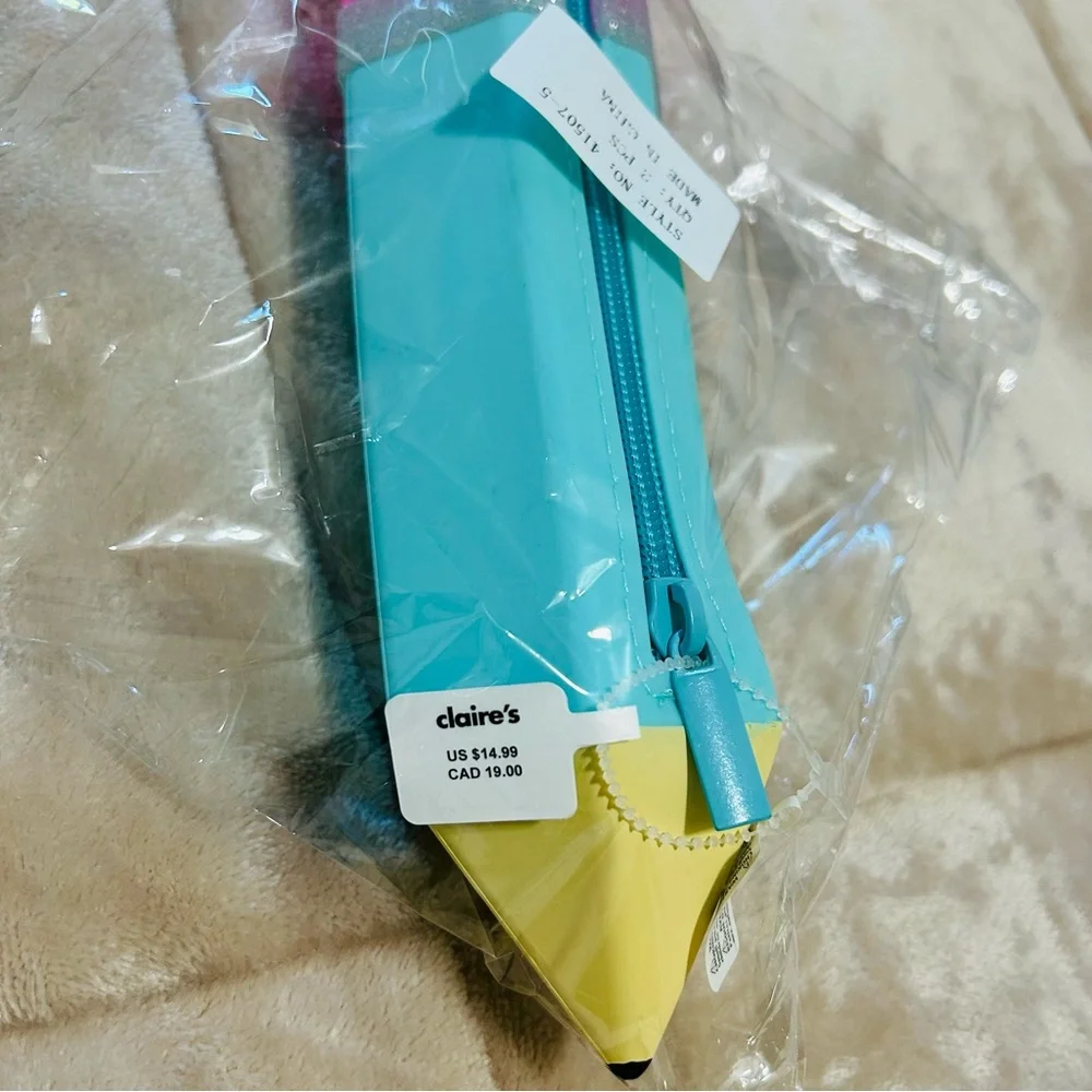 Pouch Pencil shaped Turquoise/Blue No. 2 Claire’s Pencil Case. zipper pull. New